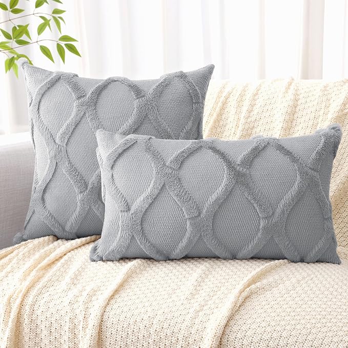 decorUhome Throw Pillow Covers 22x22 Inch Set of 2, Soft Plush Faux Fur Wool Grey Couch Pillow Covers, Decorative Neutral Pillow Cases for Bed Sofa Living Room Home Decor