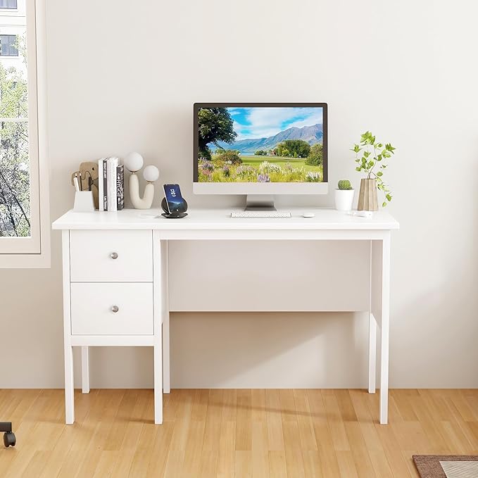BHG Computer Desk with Drawers,Modern White Home Office Desk with Storage Filing Cabinet, Vanity Desk Makeup Dressing Table for Bedroom,Small Writing Table PC Desks for Study(White, 43.3")