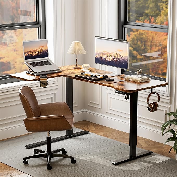 59 Inch L Shaped Standing Desk Adjustable Height, Electric Corner Standing Desk, Sit Stand Computer Table with Reversiable Splice Board, Rustic Brown