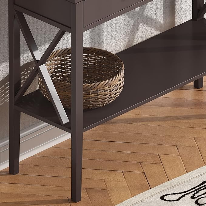 ChooChoo Console Table with Drawers, Narrow Wood Accent Sofa Table Entryway Table with Storage Shelf for Entryway, Front Hall, Hallway, Living Room, Espresso