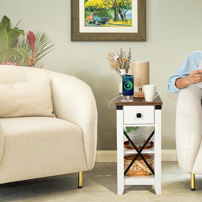 Narrow End Table with Charging Station - Farmhouse Slim Side Table Set of 2, w/USB Ports Power Outlets, Nightstand w/Flip Top Storage Drawer, for Small Spaces Living Room Bedroom, Brown White