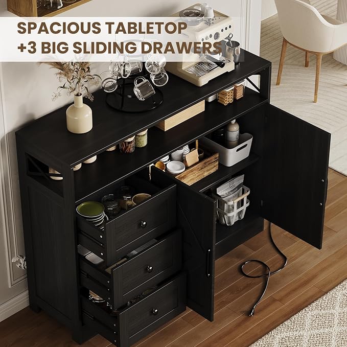 47" Farmhouse Sideboard Buffet Cabinet with Storage & Built-in Power Outlet,Coffee Bar Table Kitchen Buffet Cabinet with 3 Drawers and Barn Doors, Adjustable Shelves for Living Room Dining Room Black