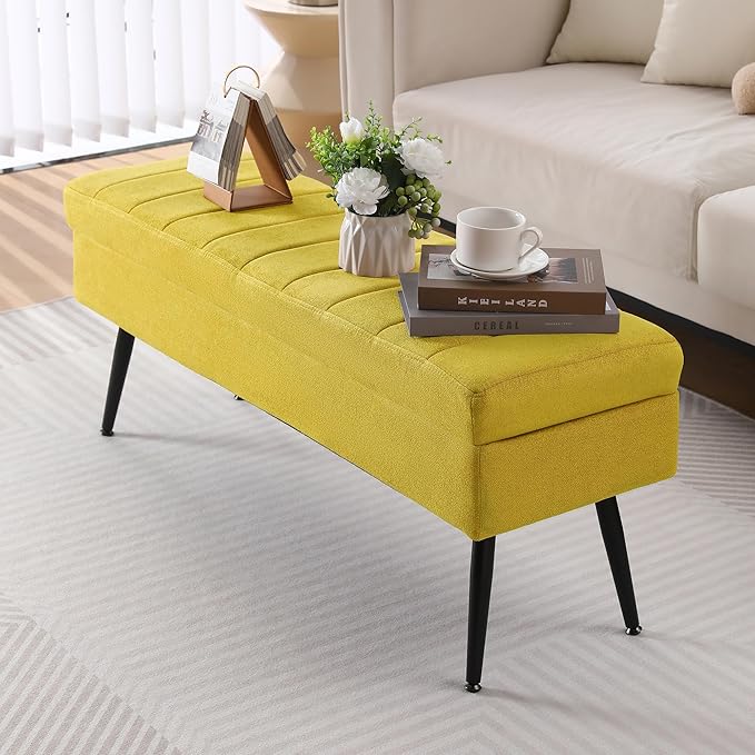 CUYOCA Storage Ottoman Bench, 43.5" Upholstered Entryway Bench, Long Ottoman with Storage for Living Room, Support 660lbs - Fabric Canary