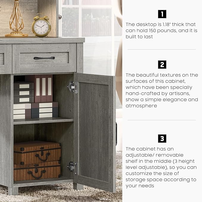 67''H Farmhouse Executive Desk with Hutch & 5 Drawers, Rustic Office Desks Computer Desks with Charging Station, File Drawers and Storage Cabinets, Wood Workspace for Home Office & Study,Grey.