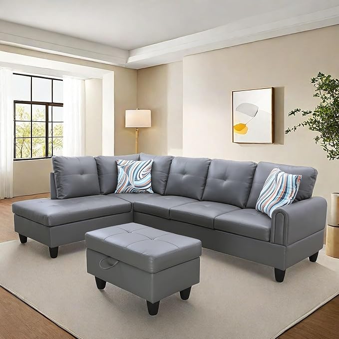 NAYSAYE Sectional Couch with Ottoman Storage, L Shaped Couch Sofa Furniture Sets, Modern Comfy Modular Comfy Sofa for Living Room Bedroom, Office and Apartment, Grey