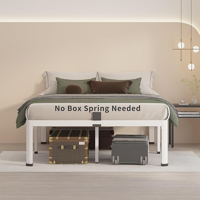 MAF 18 Inch California King Bed Frame White with Round Corner Legs Mattress Slide Stopper No Box Spring Needed Heavy Duty Metal Platform Bed Frames, 3000 LBS Steel Slats Support
