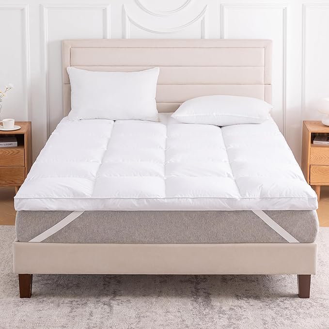 3 Inch White Goose Feather Mattress Topper,Queen Feather Bed Topper,Mattress Cover with Straps,Ultra Soft Pillowtop,100% Organic Cotton Fabric(60”x80”)