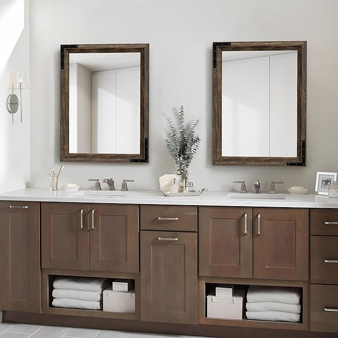 YOSHOOT Farmhouse Bathroom Mirror, Rustic Wooden Framed Mirror, Wood Vanity Mirror, Solid Wood & Handmade, Vertical or Horizontal Hanging for Bathroom Entryway Living Room Bedroom, 48" x 30", Brown