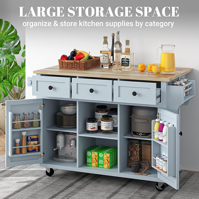 Rovibek Kitchen Island with Drawers 53 in Rolling Island Cart Mobile Portable Islands on Wheels Solid Wood Island with Storage Cabinet & Drawers, Blue
