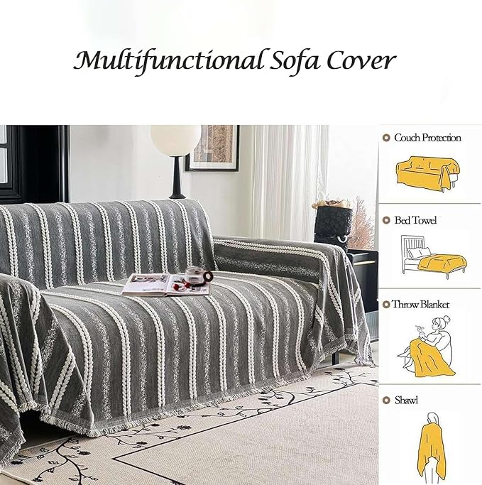 Couch Cover for Dogs Washable Sofa Cover, Sectional Couch Covers, Sofa Covers for 2 Cushion Couch, Non Slip Stripe Sofa Slipcovers Furniture Protector, Couch Protector from Cat Claws, Grey,71''x134''