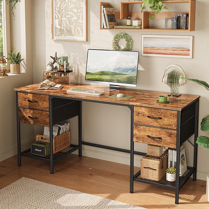 Huuger 63 Inch Computer Desk with 4 Drawers and Mesh Shelf, Gaming and Work Desk for Home Office, Study, Bedroom, Work from Home, Rustic Brown
