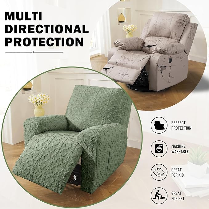 vctops Christmas Green 4 Pieces Geometric Jacquard Plush Recliner Slipcovers Soft Fuzzy Fluffy Sofa Couch Cover Anti-Slip Furniture Protector with Elastic Bottom for Kids Cats Dogs(Green,1 Seat)
