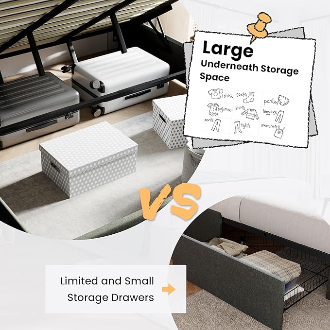SHA CERLIN Full Size Lift Up Storage Bed/Modern Wingback Headboard/Upholstered Platform Bed Frame/Hydraulic Storage/No Box Spring Needed/Wood Slats Support/Dark Grey