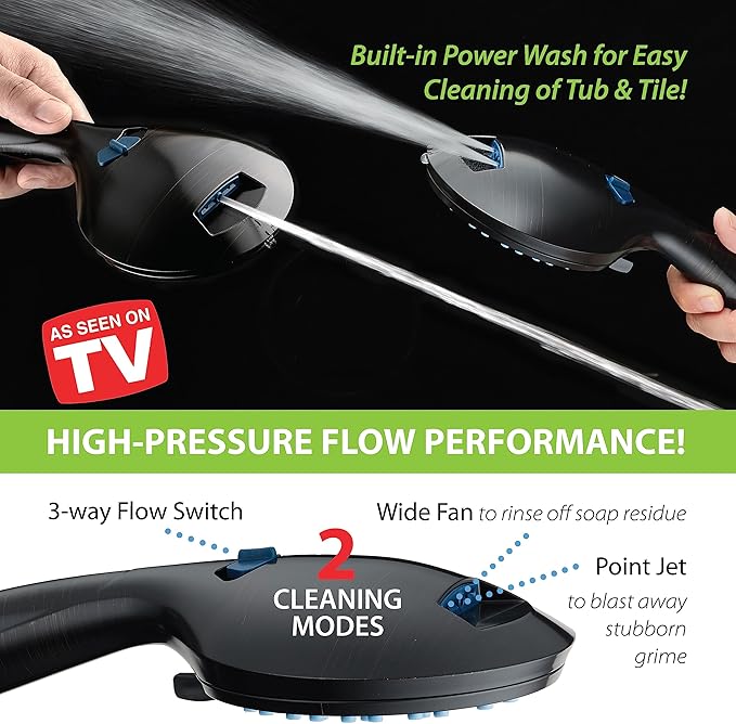 Hotel Spa AquaCare High Pressure 8-mode Handheld Shower Head, Anti-clog Nozzles - Built-in Power Wash to Clean Tub, Tile & Pets, Extra Long 6 ft. Stainless Steel Hose, Wall & Overhead Brackets