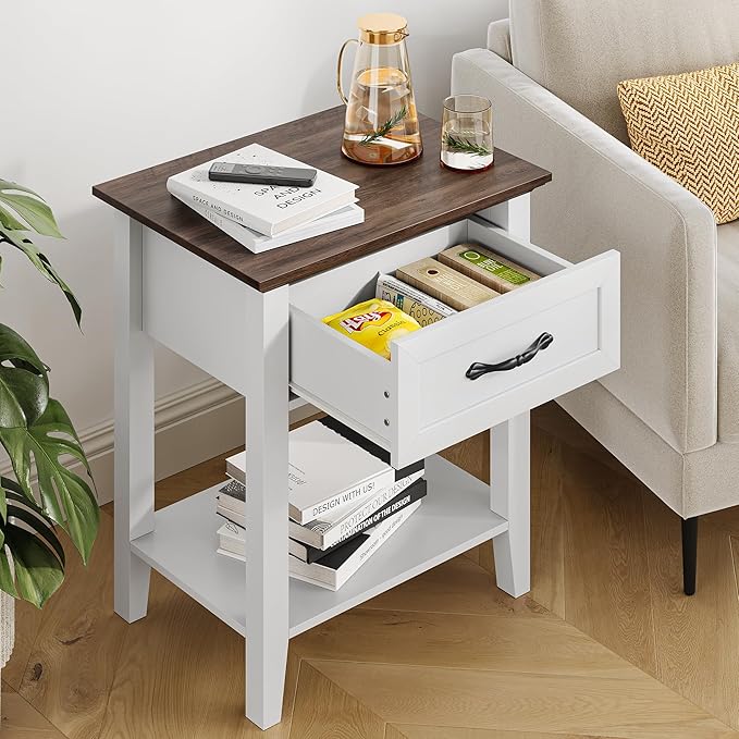 IDEALHOUSE Nightstands Set of 2, End Table with Drawer, Side Table for Spaces, 2 Tiers Storage Shelves with Dresser, Bedside Table for Living Room, Bedroom, Dorm (2pcs-White)