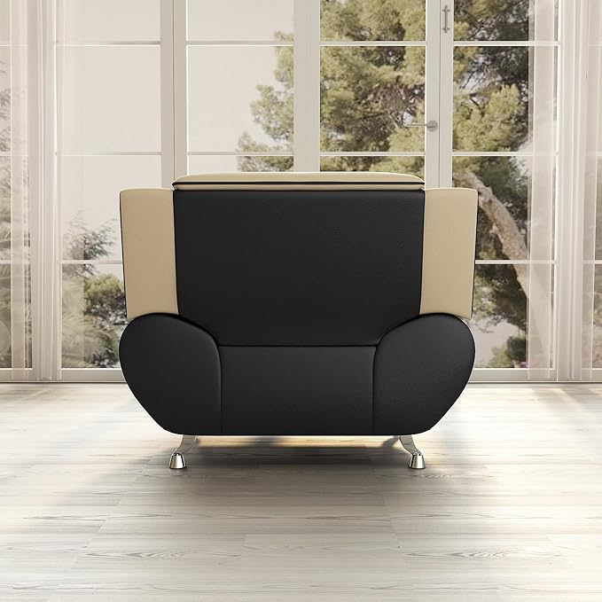 Container Furniture Direct Michael Modern Faux Leather Upholstered Stainless Steel Legs Living Room, Chair, Camel/Black
