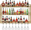 47 Inch Metal Wine Rack Wall Mounted, Bar Shelves for Liquor Bottles with LED Light, 3 Tier Large Capacity Liquor Rack Wall Mounted with Glass Holder for Home Bar & Dining Room, Gold