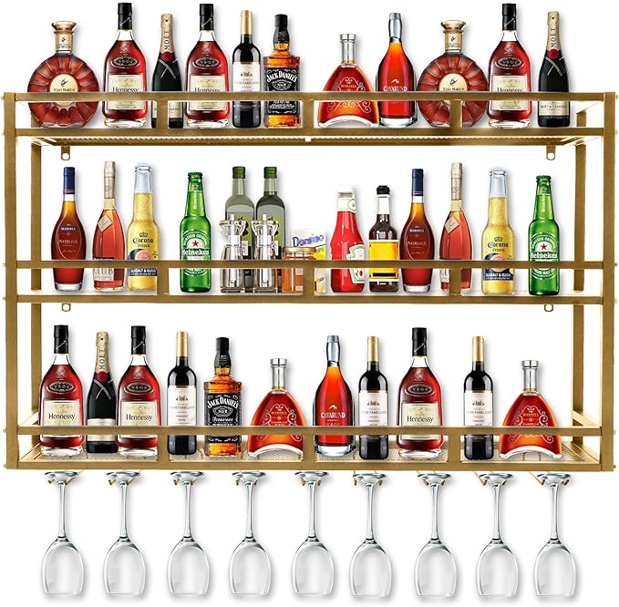 Metal Wine Rack Wall Mounted, Bar Shelves for Liquor Bottles with LED Light, 3 Tier Large Capacity Liquor Rack Wall Mounted with Glass Holder for Home Bar & Dining Room （Gold, 59in/150cm）
