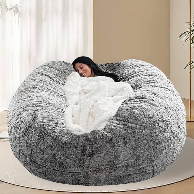 BCU Oversized Bean Bag Cover Comfy Beanbag Chair for Adults Without Filler Faux Fur Lazy Sofa Cover for Living Room Chairs, Grey, 5FT