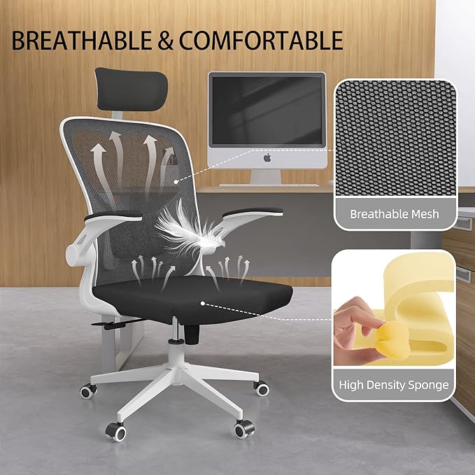 Monhey Office Chair Ergonomic Desk Chair with Lumbar Support&Headrest&Flip-up Arms Height Adjustable Rocking Swivel High Back Computer Chair Warm Taupe Mesh Study Chair (03White+Black)