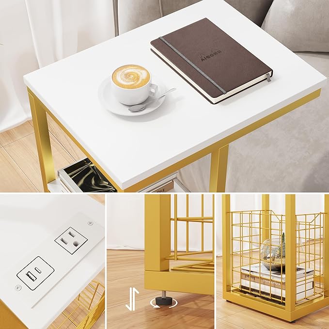 Vagusicc C Shaped End Table with Charging Station, Side Table for Couch, Small Side End Table for Small Spaces, 28" High Slide Under Sofa Table for Coffee, Tv Tray Table for Living Room, Golden
