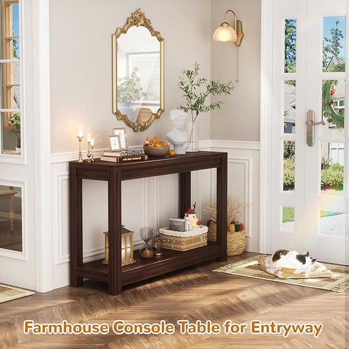 Small Farmhouse Wood Entryway Table Narrow Console Table with Storage Behind Couch Sofa Table with Shelves Entry Way Tables with Open Storage, Easy Assembly, 32" Black Walnut