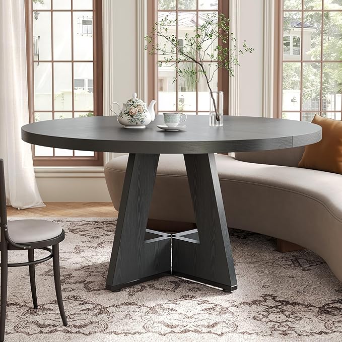 LITTLE TREE Round Dining Table for 4-6, 47 Inches with Wooden Pedestal Base, Black Dinner Table for Dining Room, Kitchen, Living Room