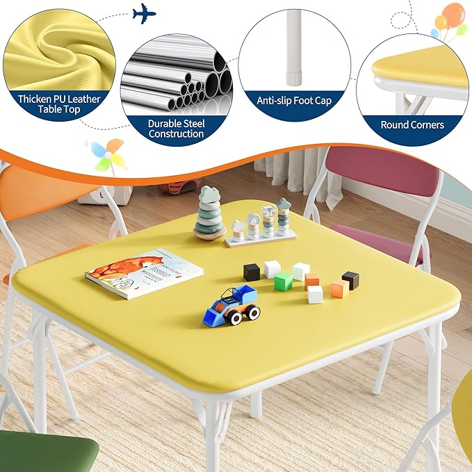 GarveeHome 5-Piece Kids Folding Table and Chairs Set, Toddlers Children's Activity Table and Chairs Set for Dining Room,Daycare,Classrooms