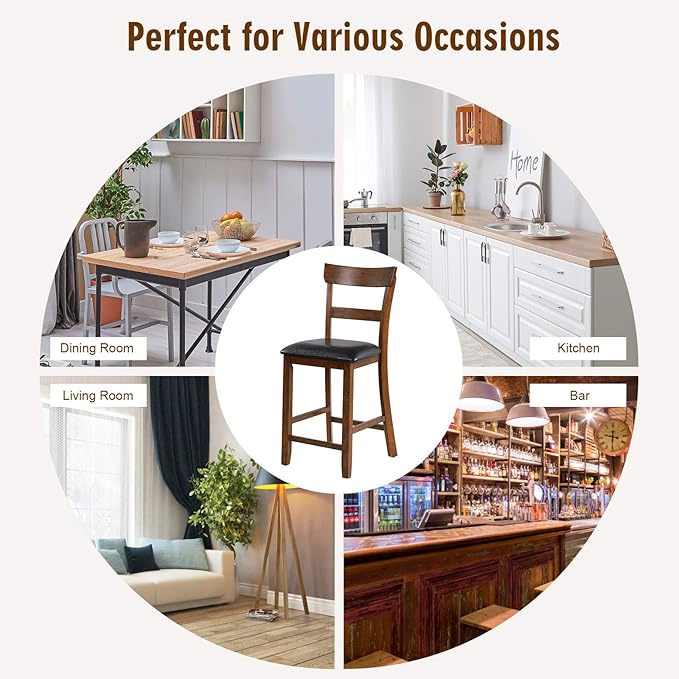 COSTWAY Barstools Set of 4, 25.5-Inch Counter Height Chair with Backrest, Foam-Padded Cushion, Rubber Wood Legs, Wooden Vintage Dining Chair for Bistro, Living Room, Kitchen, Brown and Black