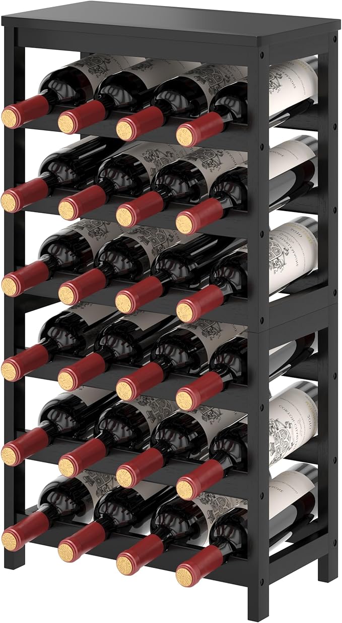 6 Tier Bamboo Wine Rack Freestanding Floor, 24 Bottles Wine Storage Shelves with Table Top, Stackable Wine Display Rack for Kitchen, Bar, Dining Room, Black
