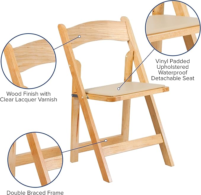 Flash Furniture Hercules Series Beechwood Folding Event Chairs with Padded Seats, Modern Wooden Folding Banquet Chairs, Set of 4, Natural
