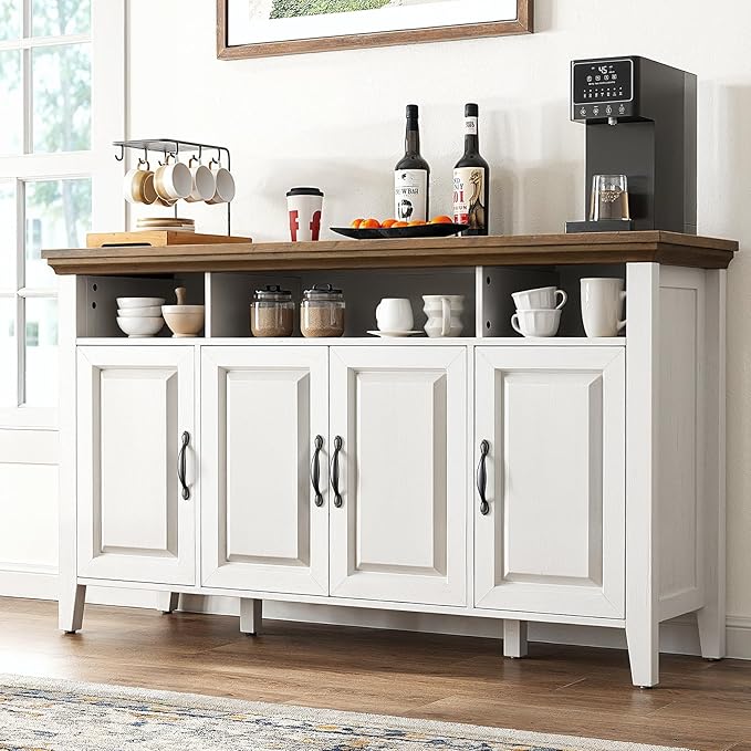 Marsail Sideboard Buffet Cabinet with Storage, 55" Farmhouse Kitchen Buffet Bar Table 4 Door Storage Cabinets for Dining Room Furniture, Wood White