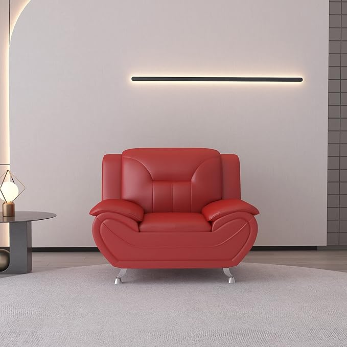 Container Furniture Direct Michael Modern Faux Leather Upholstered Stainless Steel Legs Living Room Sofa, Chair, Red
