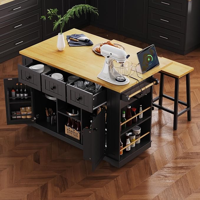 53" Large Kitchen Island with 2 Bar Stools,Power Outlet & Door Internal Storage Rack,Kitchen Storage Cart on 5 Wheels W/Drop Leaf,5 Open Side Racks & 3 Drawers,for Kitchen,Dining Room,Black