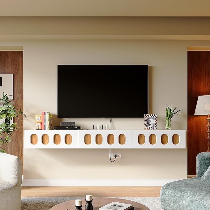 Floaticase Fully Assembled Floating TV Stand, 55IN High Gloss Wall Mounted Entertainment Center with Flip-Down Doors & Drawers, TV Console Under TV Shelf for Bedroom Livingroom