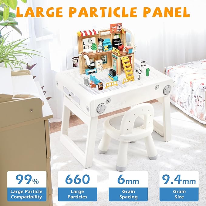 Toddler Table and Chair Set, Foldable Building Block Table for Kids, Double-Sided Drawing & Building Kids Activity Tables, Include 5 Markers & Board Eraser
