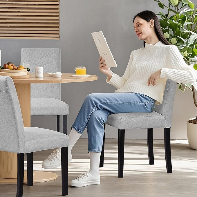 VECELO Upholstered Dining Chairs Set of 4, Fabric Wood Legs High Back for Kitchen Living Room, Light Gray