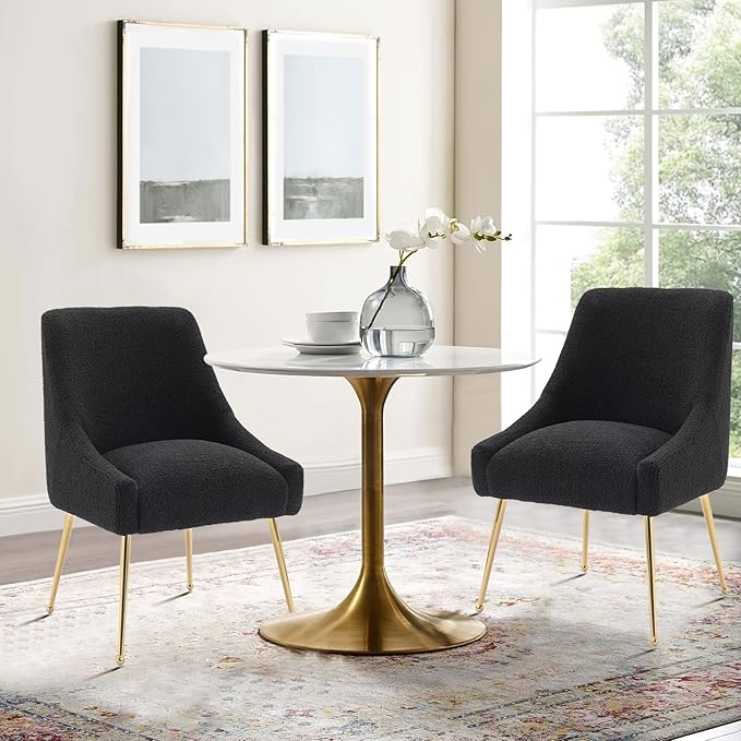 Dining Chairs Medieval Modern Restaurant Chairs, Soft Cushions, Teddy Velvet, Polished Gold Metal Legs, Kitchen Chairs, Living Room Black 4-Piece Set