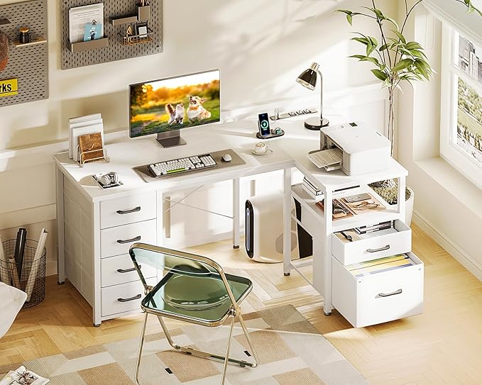 Coleshome L Shaped Computer Desk with 6 Drawers & Power Outlet, 55 Inch Corner Desk with Reversible Storage Shelf & File Drawer, Home Office Desk, White