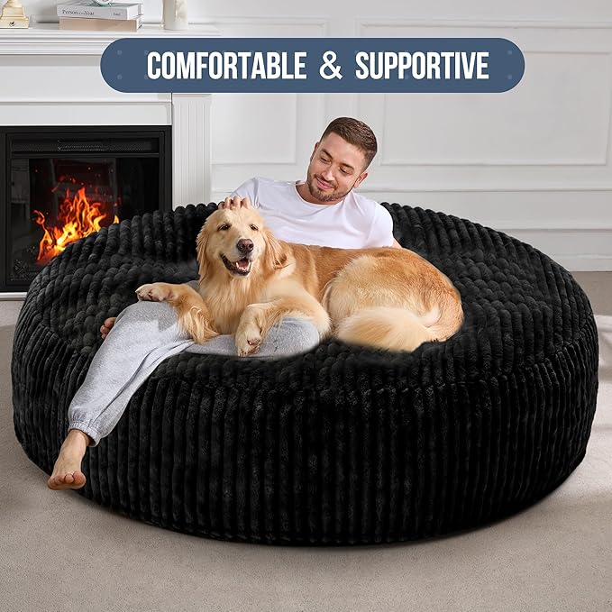 Hobestluk 6ft Bean Bag Chairs for Adults Large Beanbag Chair with Stripe Plush Cover Big Bean Bag Chair for Living Room Bedroom Dorm Office - Black (70" x 70" x 15")