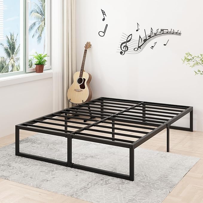16 Inch Bed Frame Queen Size Heavy Duty Steel Slat Support Metal Platform Queen Bed Frame No Box Spring Needed, Easy Assembly, Black