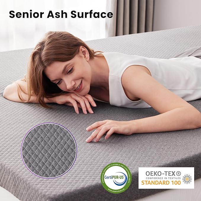 SINWEEK 2 Inch Gel Memory Foam Mattress Topper Full Size, Pad for Back Pain, Bed Topper with Removable Soft Cover, CertiPUR-US Certified,Grey