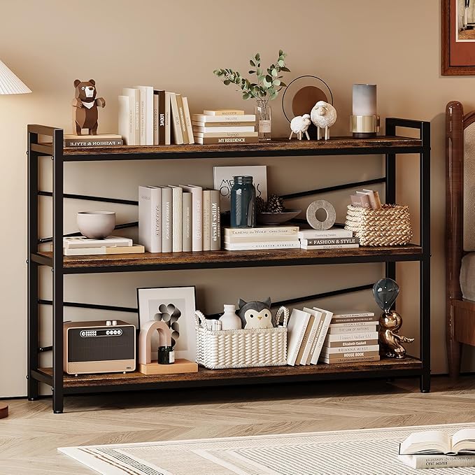 3 Tier Bookshelf 47.24" Width, Wood and Metal Etagere Bookcase, Vintage Farmhouse Modern Wooden Large Book Shelf for Home Living Room Bedroom Office Storage(Rustic Brown)