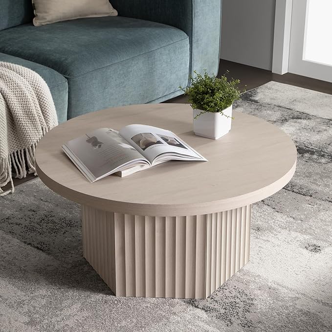 SICOTAS Round Coffee Table for Living Room, 32" Circle Modern Fluted Center Coffee Table with Storage, Mid Century Accent Tea Dining Table for Small Space, Apartment, White Alder