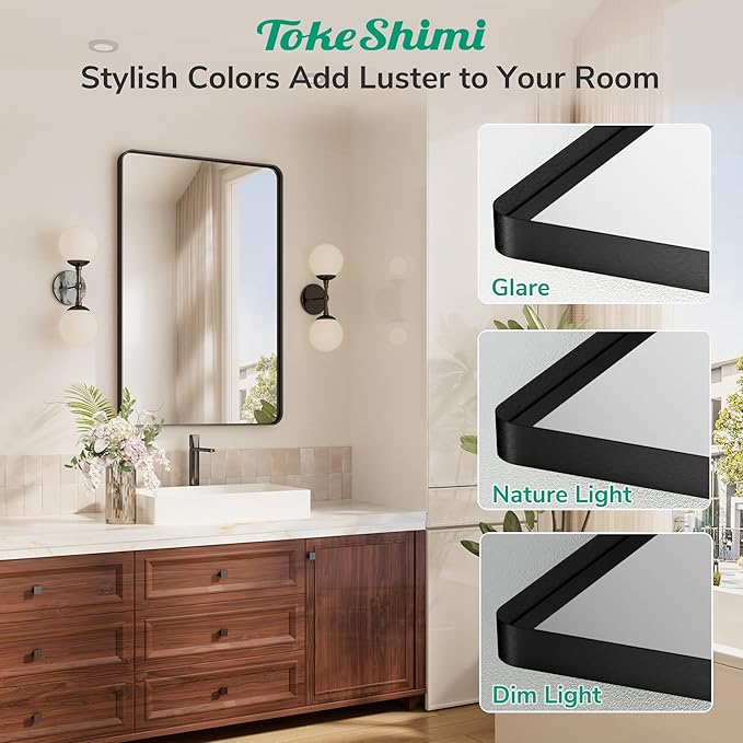 TokeShimi 42x36 Black Bathroom Mirror for Over Sink,Aluminum Framed Vanity Mirror with Tempered Glass,Modern Wall Mirrors(Horizontal/Vertical)
