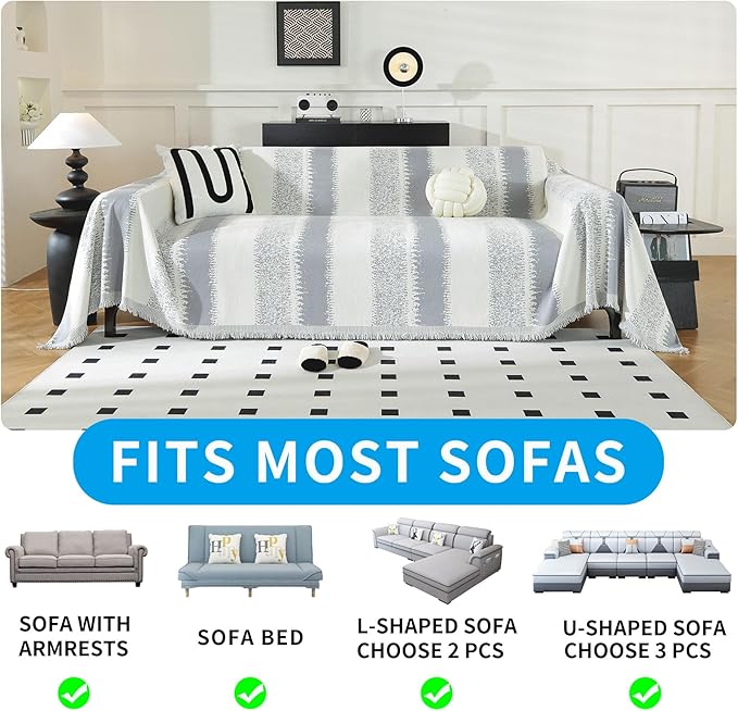 LUFEIJIASHI Boho Couch Covers for Sofa Non Slip Sofa Covers Washable Couch Covers for 3 Cushion Couch Sofa Pet Friendly Sectional Couch Cover Blanket Furniture Protector for Dogs (Grey, 71"x134")