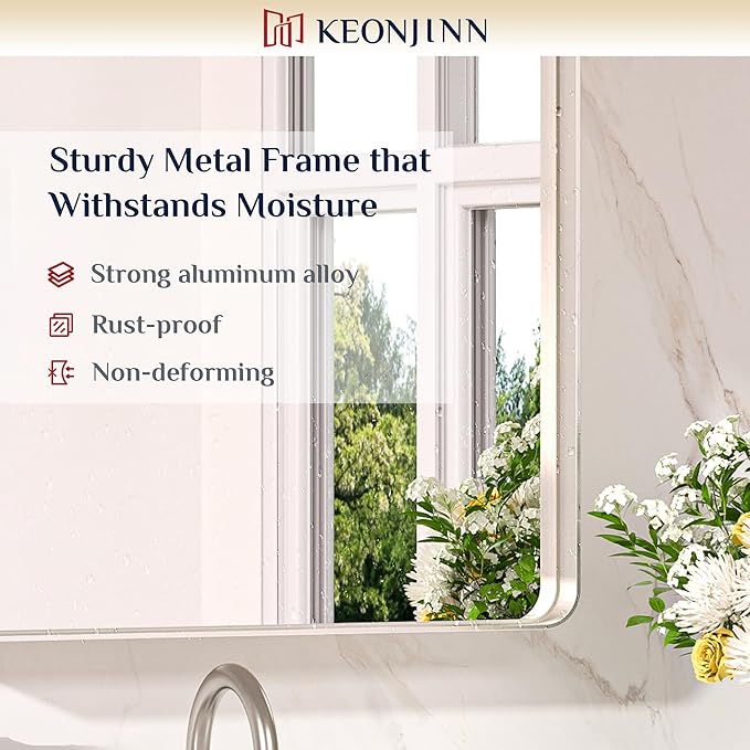 Keonjinn Brushed Nickel Mirror 24 x 32 Inch Silver Bathroom Mirror for Over Sink, Rounded Rectangle Farmhouse Vanity Mirror, HD Tempered Glass Wall Mirror, Aluminum Alloy Frame (Horizontal/Vertical)