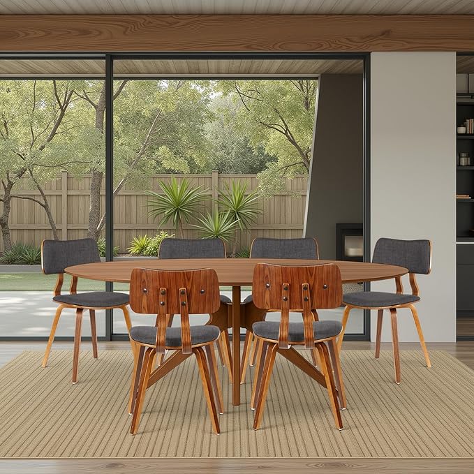 Armen Living Jaguar Mid-Century Dining Chair in Walnut Wood and Charcoal Fabric - Set of 6