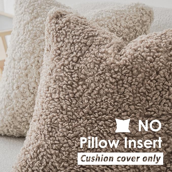 Foindtower 2 Pieces 24x24 Inch Khaki, Faux Fur Throw Pillow Cover Accent Sherpa Pillow Fuzzy Soft Pillowcases Sheepskin Decorative Fleece Cushion Case for Bed Couch Living Room