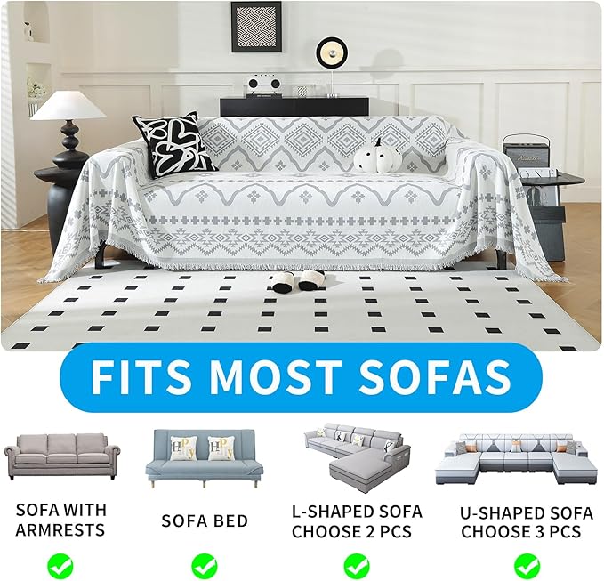 LUFEIJIASHI Boho Couch Covers for Sofa Non Slip Sofa Covers Washable Couch Covers for 3 Cushion Couch Sofa Pet Friendly Sectional Couch Cover Blanket Furniture Protector for Dogs (Grey, 91"x134")